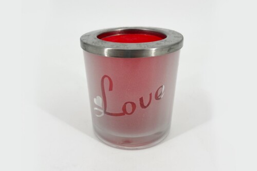 Pink cup with a metal rim, showing the word 'Love' in red script and a small heart motif on the side.