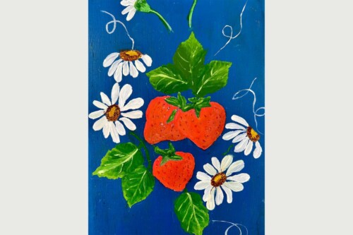 Painted blue wooden panel with red strawberries, white daisies, and green leaves on a blue background.