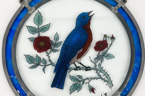 Blue parrot-like bird with a blue body and reddish throat perched on a flowering branch inside a circular blue-rimmed frame.
