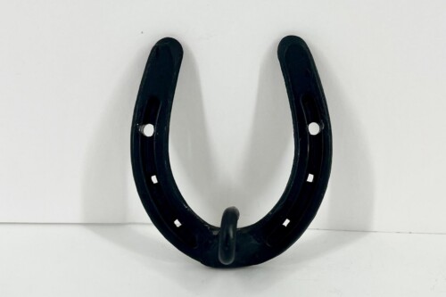 Black U-shaped metal bracket with mounting holes on a white background