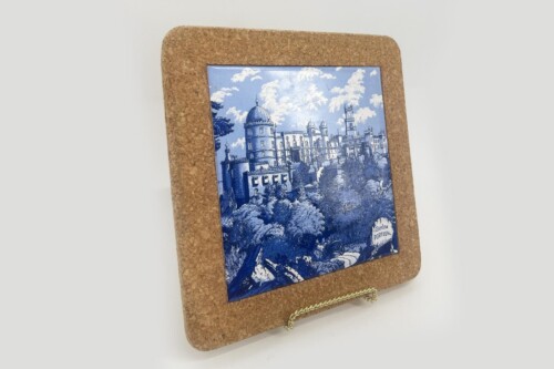 Cork-framed tile art showing a blue-and-white castle scene titled Sintra, Portugal, mounted in a light cork frame.