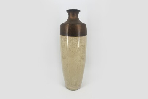 Two-tone ceramic vase with a dark brown upper section and speckled beige lower body.