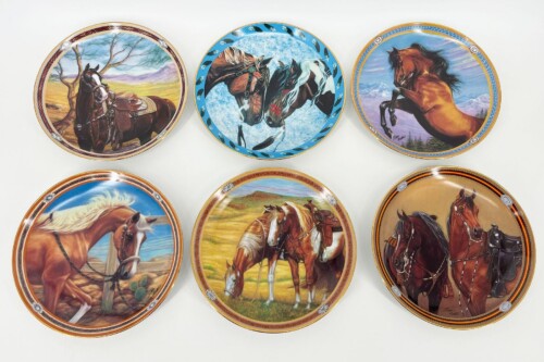 Six decorative round plates featuring painted horses and Western scenes arranged in two rows of three on a white background, each with ornate borders.]','Six horse-themed porcelain plates with saddled horses and desert or prairie landscapes in colorful borders.