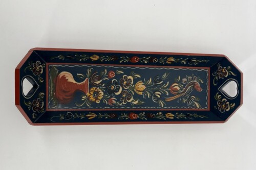 Decorative rectangular wooden tray with dark blue interior and red edges, featuring floral hand-painted motifs and matching corner handles on each end