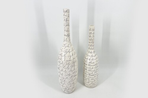 Two white ceramic bottles with black cursive handwriting pattern, one tall on the left and a shorter one on the right, against a pale background.
