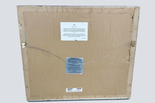 Back of a framed artwork: cardboard backing with a hanging wire and three labels/stickers attached to the back.