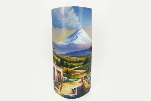 Decorative ceramic cylinder with a wraparound landscape: snow-capped mountain, fields, and village scenes.