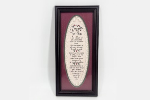 Framed vertical plaque with an oval parchment containing the prayer 'A Prayer for You' on a burgundy mat inside a dark wood frame.