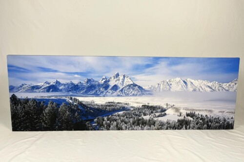 Snow-covered mountain range under a blue sky with evergreen trees in the foreground (panoramic winter landscape).