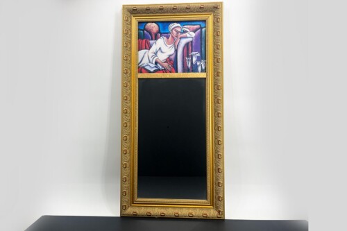 Tall vertical gold ornate frame with a small colorful painting at the top and large black panels beneath. The painting depicts a woman resting his head on her hand.
