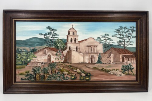 Oil painting of a southwestern mission-style building with bell tower, desert plants, and hills in the background.
