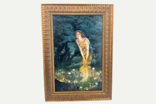 Framed painting of a young woman in a gold dress standing among a crowd of glowing lights, set in an ornate gold frame