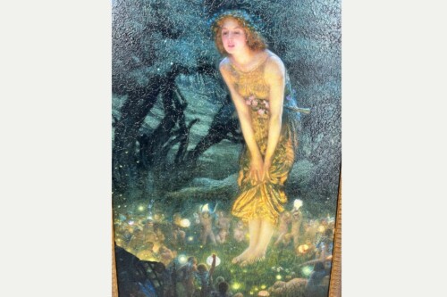 Portrait of a girl in a gold dress with a floral belt, standing amid a crowd and twinkling lights in a framed painting