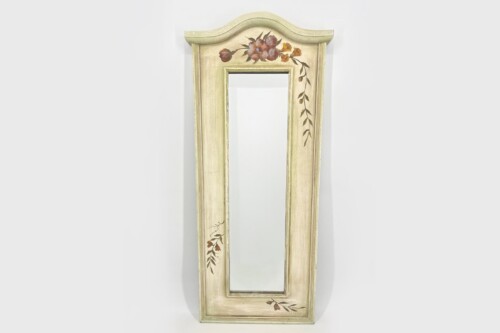Vintage cream-painted wooden frame with distressed finish and floral vine motifs surrounding a central mirror panel