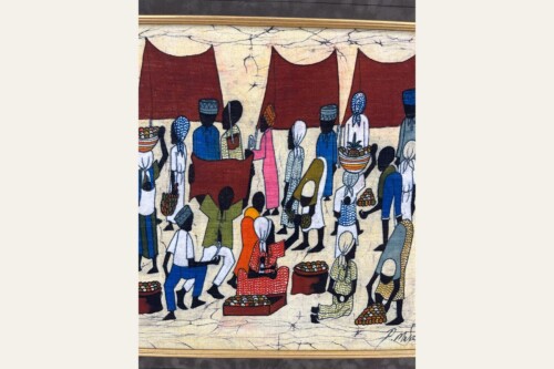 Folk-art style market scene with people shopping and vendors selling fruit under large red tents.