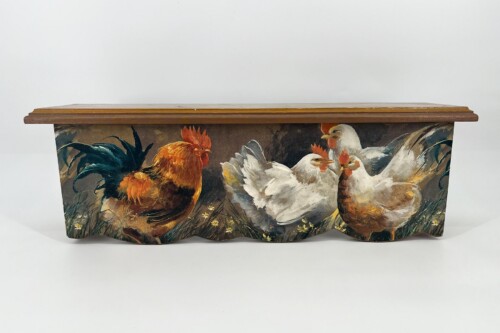 Vintage wooden chest with a painted farm scene featuring roosters and hens among tall grass and flowers in muted tones unless otherwise specified by context.