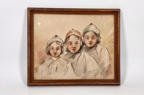 Framed sketch of three women in turbans, posed together in pale clothing on beige background.