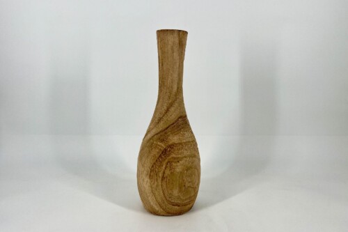 Wooden abstract sculpture with a tall, narrow neck and rounded base, showing natural grain against a white background.