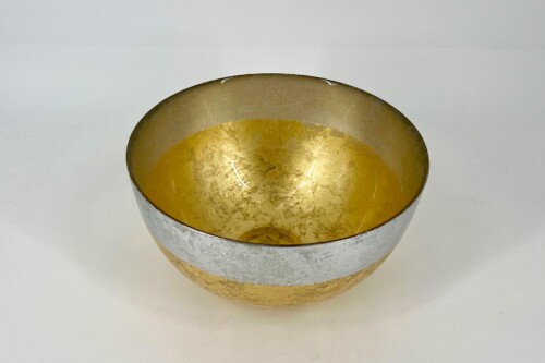 Ceramic bowl with a gold interior and a silver-gray exterior featuring two wide horizontal bands around the middle and rim in gold and silver tones.