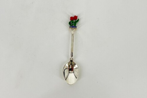Decorative souvenir spoon with a red tulip bouquet and a blue 'Holland' band on the handle.