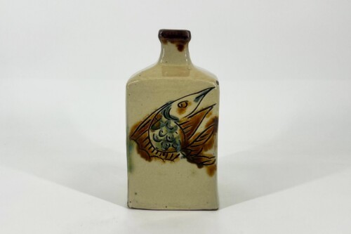 Beige ceramic bottle with a narrow neck, featuring a hand-painted fish design in blue, green, and brown on its side