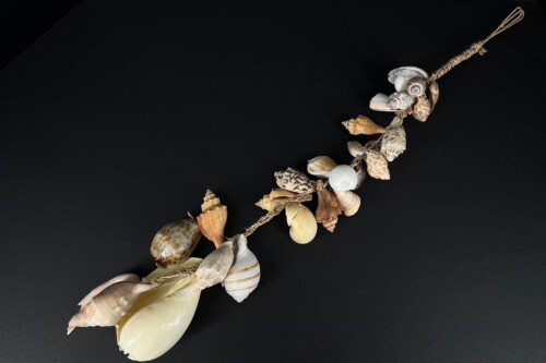 Shell necklace made from assorted white and beige sea shells on a twisted cord, displayed diagonally on a black background.