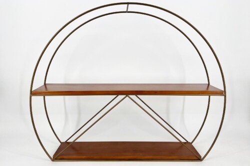 Circular metal-framed shelving unit with three wooden shelves arranged in a circle.