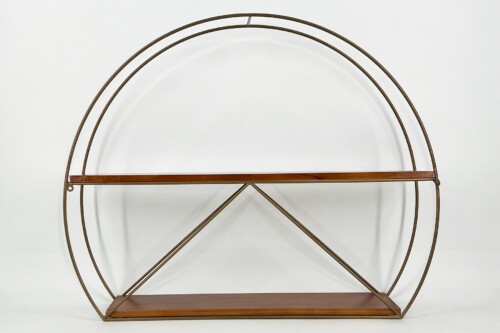 Round metal-framed shelving unit with two wooden shelves and decorative diagonal supports edge-to-edge in a circular frame.